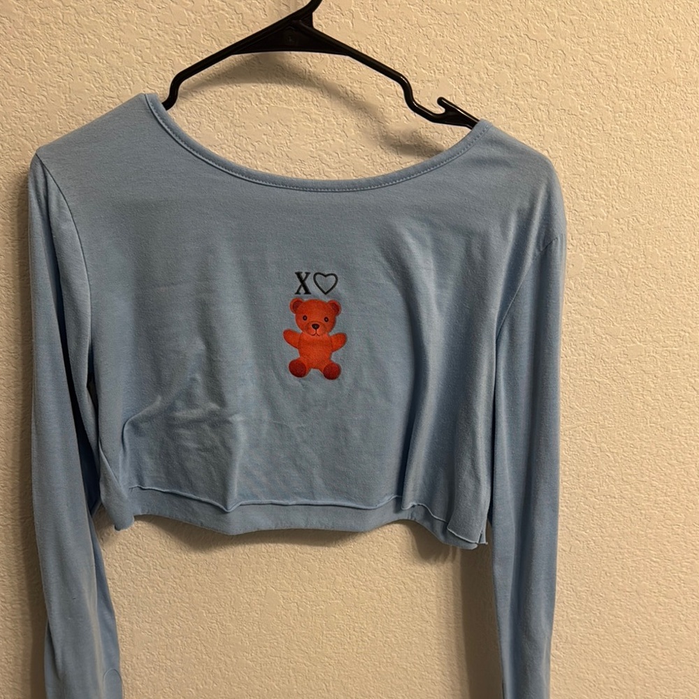 Blue Cropped Long Sleeve with Bear XO Design
